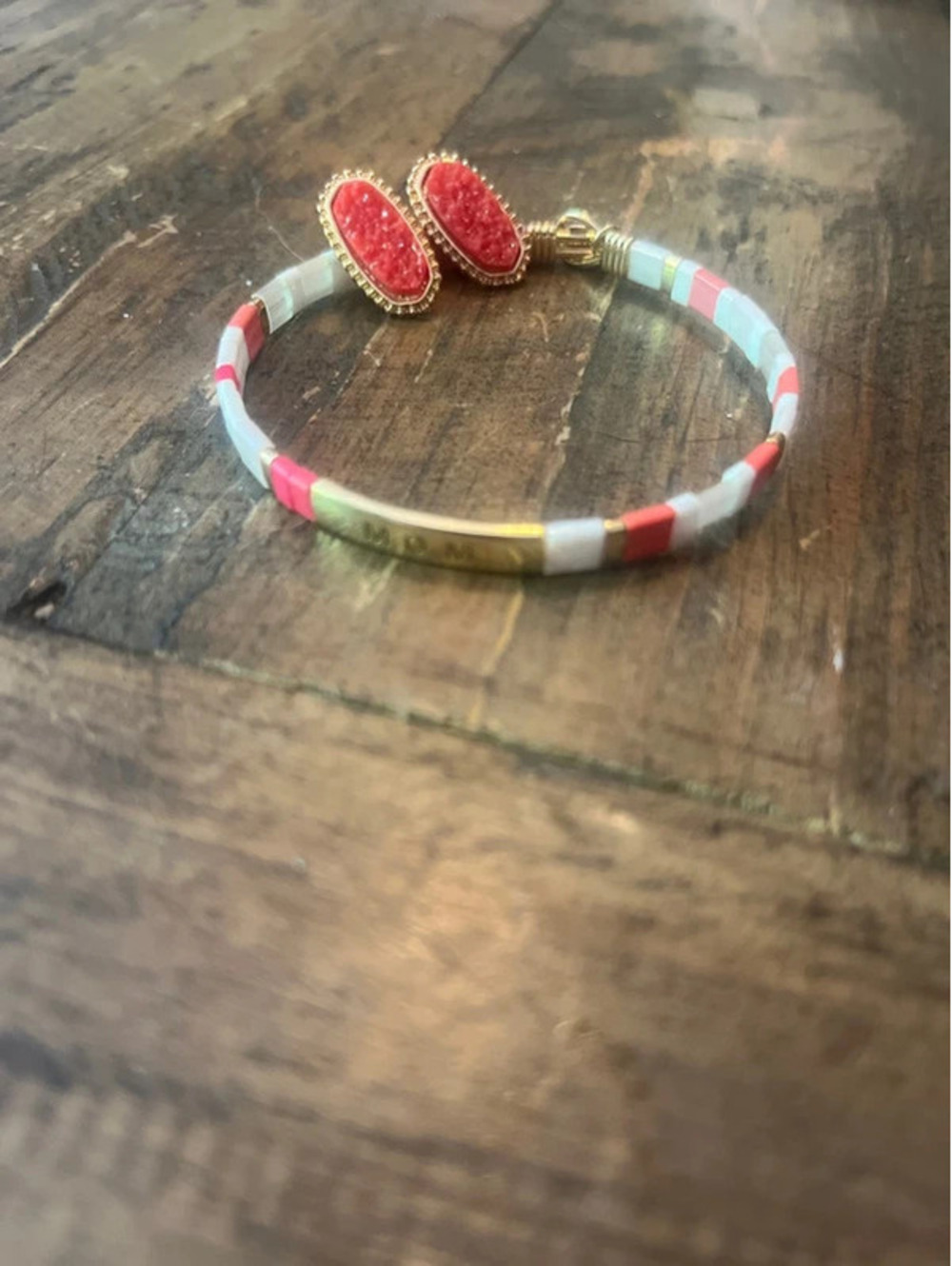 "MOM" Pink & White Tile Bracelet with Butterfly Charm & Matching Stud Earrings